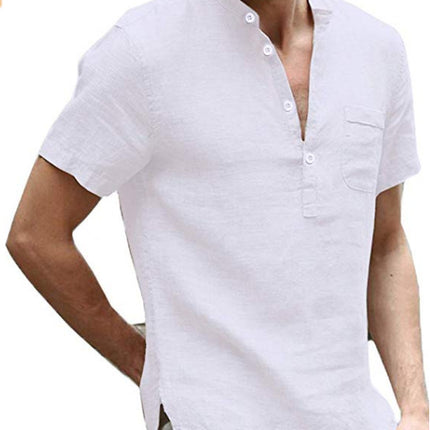 Wholesale Men's Linen Stand Collar Half Cardigan Short Sleeve Shirt