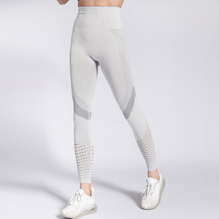 Pantalones de yoga a rayas de malla deportiva elástica de cintura alta para mujer