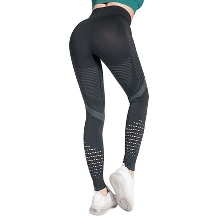 Pantalones de yoga a rayas de malla deportiva elástica de cintura alta para mujer
