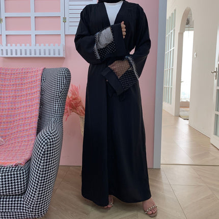 Women's Mesh Stitching Ironing Diamond Muslim Cardigan Robe