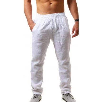 Pantalones casuales finos de color sólido de deportes de lino de algodón para hombres
