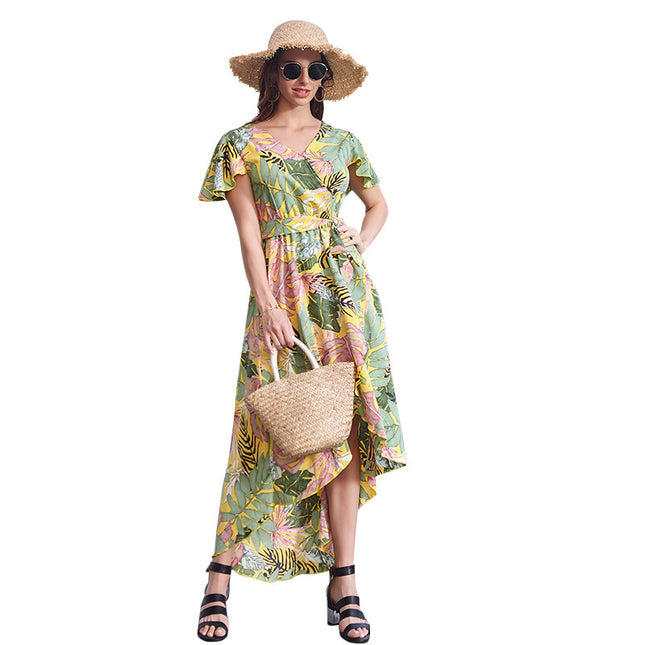 Vestido de gasa estampado de longitud media con dobladillo irregular de verano