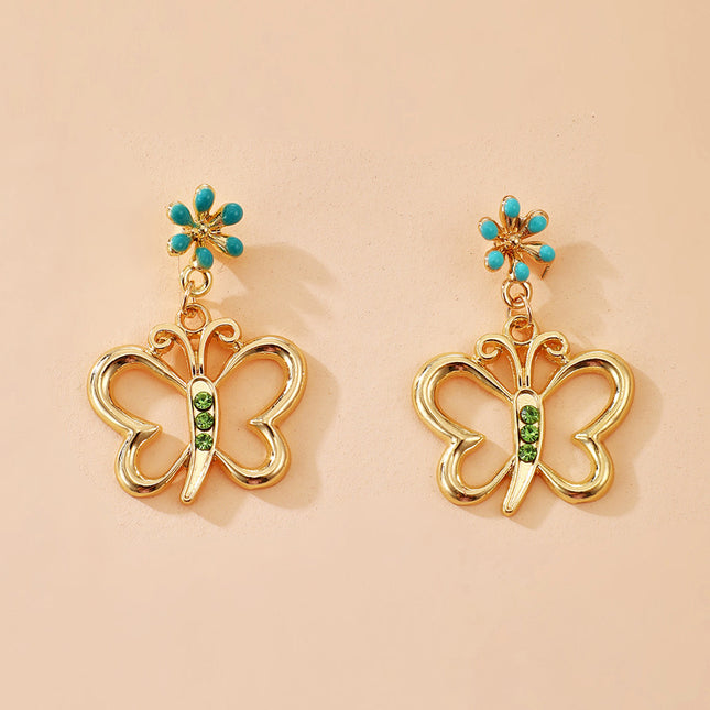 Pendientes de flores de mariposa con diamantes de imitación verdes