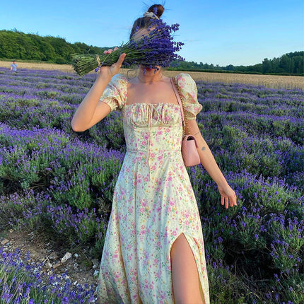 Moda verano cuello cuadrado Tea Break vestido floral vestido largo