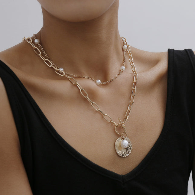 Fashion Simple Pearl Multilayer Necklace Metal Chain Tag Necklace