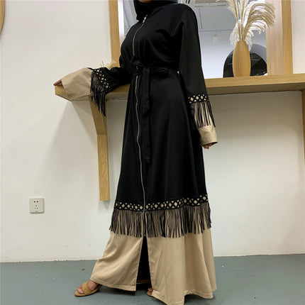 Costura de encaje con borlas musulmanas para mujer, cárdigan con cremallera, bata con cordones