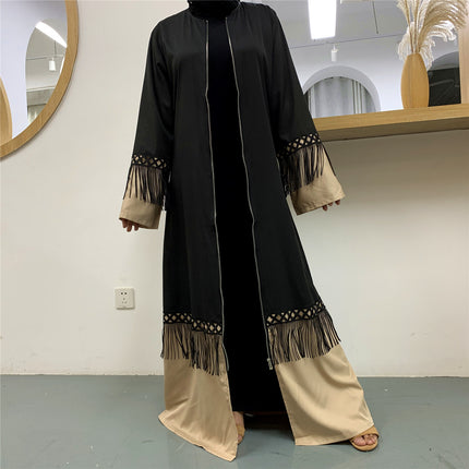 Costura de encaje con borlas musulmanas para mujer, cárdigan con cremallera, bata con cordones