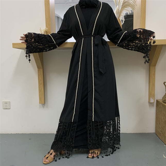 Musulmán con cuentas cinta encaje hueco costura cárdigan borla túnica
