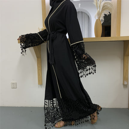 Muslim Beaded Ribbon Hollow Lace Stitching Cardigan Tassel Robe