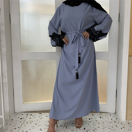 Großhandel Islamische Türkei Dubai Langarm-Spitze-Panel-Kleid