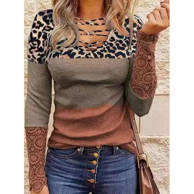 Damen-T-Shirt mit V-Ausschnitt, Leopardenmuster und Pit-Streifen-Spitze