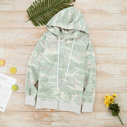 Camouflage-Seitentaschen-Reißverschluss-Cardigan-Damen-Hoodie