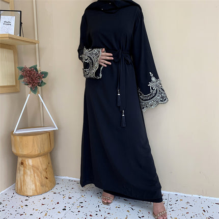 Venta al por mayor Islámica Turquía Dubai Vestido de panel de encaje de manga larga