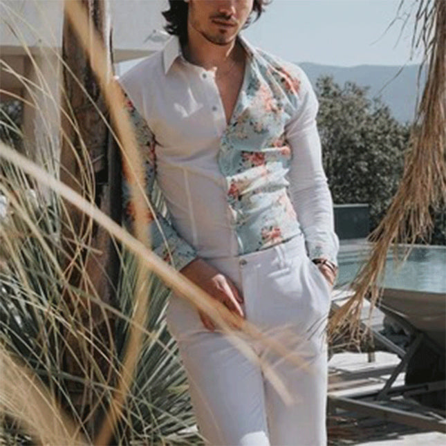 Camisa de manga larga estampada asimétrica casual de moda para hombre