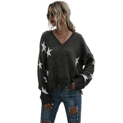 Wholesale Women's V-Neck Star Ripped Long Sleeve Knit Pullover Sweater