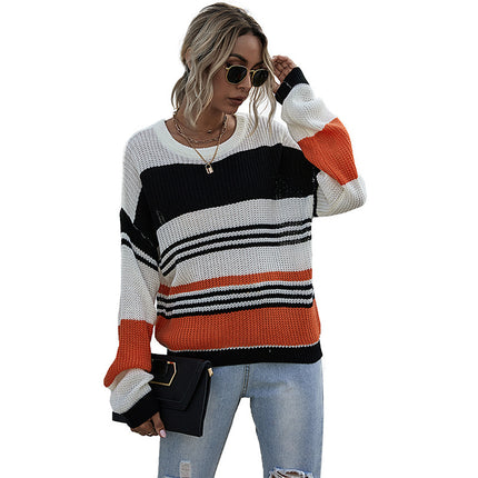 Wholesale Women's Colorblock Round Neck Pullover Long Sleeve Sweater