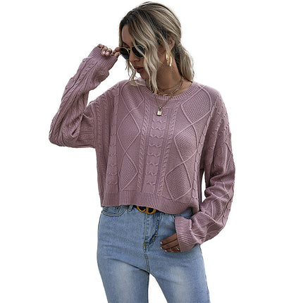 Wholesale Women's Long Sleeve Solid Color Crewneck Knit Twist Sweater