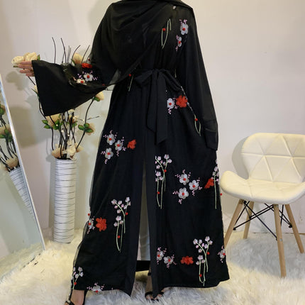Bata de cárdigan con lazo suelto de malla bordada para damas musulmanas