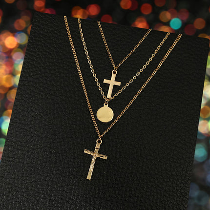 Cross Clavicle Chain Geometric Disc Multilayer Alloy Necklace