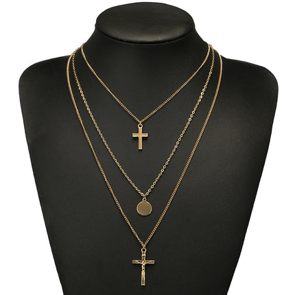 Cross Clavicle Chain Geometric Disc Multilayer Alloy Necklace