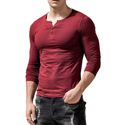 Wholesale Men's V Neck Button Long Sleeve Solid Color Stretch T-Shirt