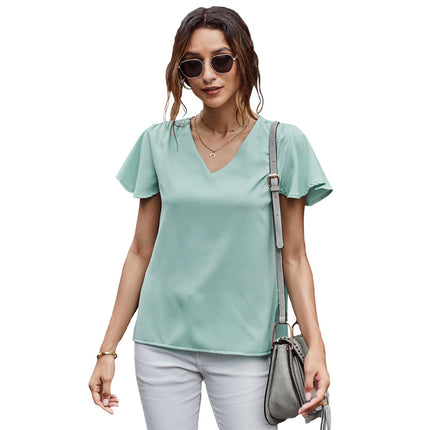 Women's Summer Lotus Leaf Sleeves Round Neck Pullover T-Shirt