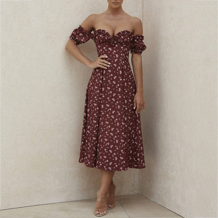 Summer Slit Floral Wooden Ear Strapless Strapless Long Dress