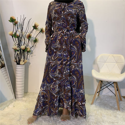 Wholesle getäfeltes, ausgestelltes, langärmliges, muslimisches Kleid mit vollem Knopf