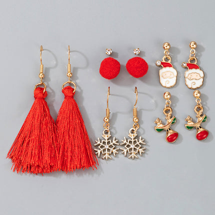 Elk Santa Snowflake Red Set of 6 Tassel Earrings