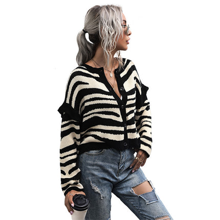 Wholesale Women's Cropped Striped Mosaic Knit Cardigan Sweater Jacket