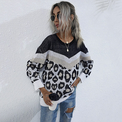 Wholesale Women's Fall Winter Leopard Thin Round Neck Knitted Sweater