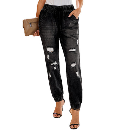 Wholesale Women's Drawstring Waist Destroyed High Rise Washed Jeans