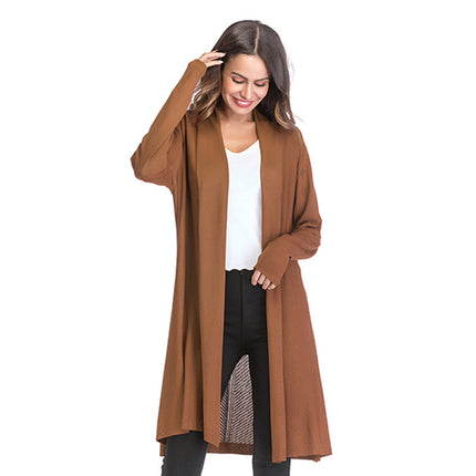 Suéter cárdigan largo de punto de manga larga de color sólido para mujer