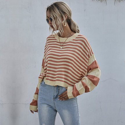 Wholesale Women's Fall Winter Round Neck Pullover Cropped Striped Sweater