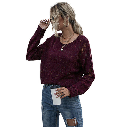 Wholesale Women's Fall Winter Pure Color Dot Round Neck Ripped Sweater