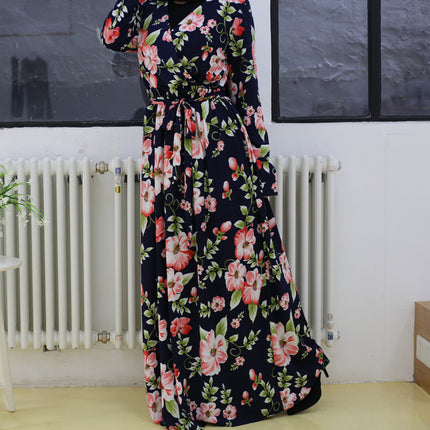 Damenmode-Druck mit V-Ausschnitt, schlankes, langärmliges muslimisches Kleid