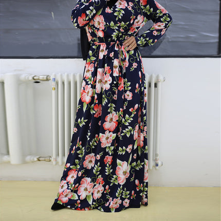 Women Fashion Print V Neck Slim Long Sleeve Muslim Dress