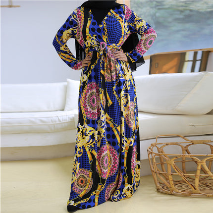 Damenmode-Druck mit V-Ausschnitt, schlankes, langärmliges muslimisches Kleid