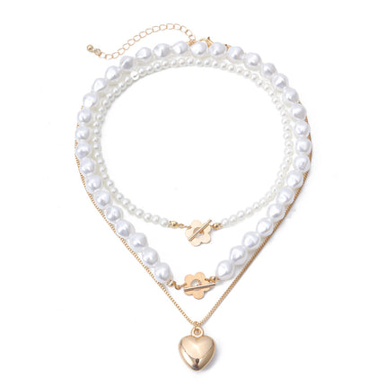 Mehrschichtige Perlenketten-Legierungs-Herz-Anhänger-Halskette
