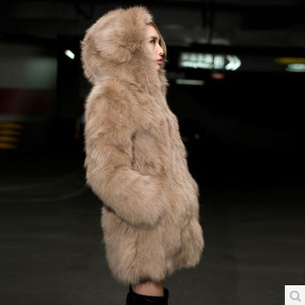 Wholesale Women's Fashion Hooded Mid Length Faux Fur Coat