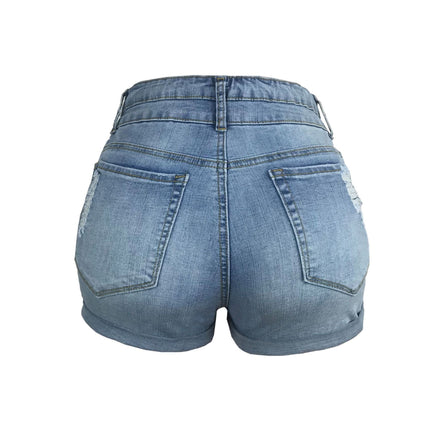 Pantalones cortos de mezclilla de cintura alta elásticos enrollados rasgados para mujer