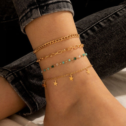 Pentagram Green Small Stone Thick Chain 4 Pieces Multilayer Anklet