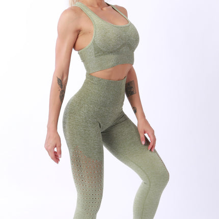 Conjunto de sujetador de mallas y pantalones de yoga deportivos sin costuras para mujer