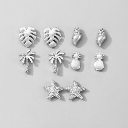 Creative Pop Coconut Leaves Conch Starfish Pineapple Stud Earrings 5 Piece Set