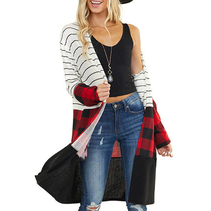 Ladies Knitwear Autumn & Winter Striped Contrast Color Patchwork Plaid Casual Jacket