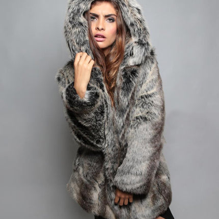 Wholesale Women's Fox Fur Hooded Mid Length Faux Fur Coat