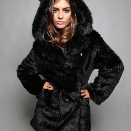 Wholesale Women's Fox Fur Hooded Mid Length Faux Fur Coat