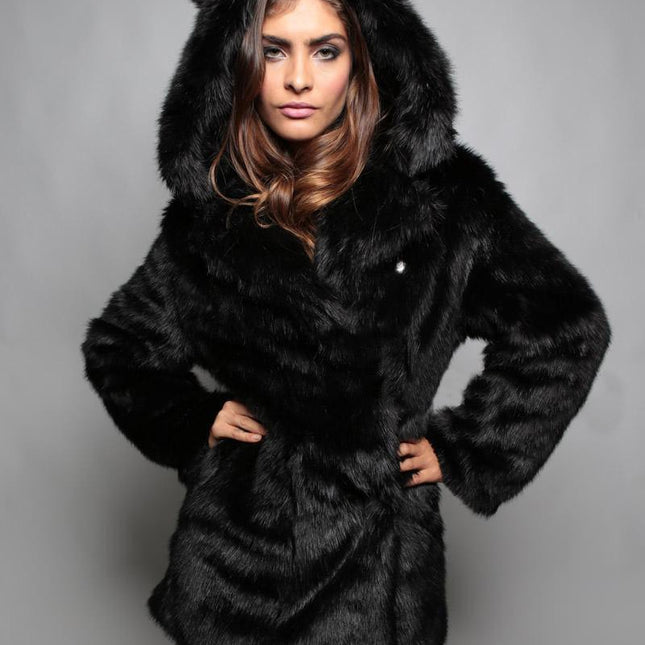 Abrigo de piel sintética de longitud media con capucha de piel de zorro para mujer