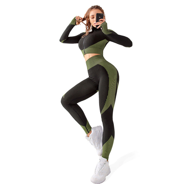 Wholesale Ladies Sports Long Sleeve Seamless Knit Fitness Yoga Two Piece Set