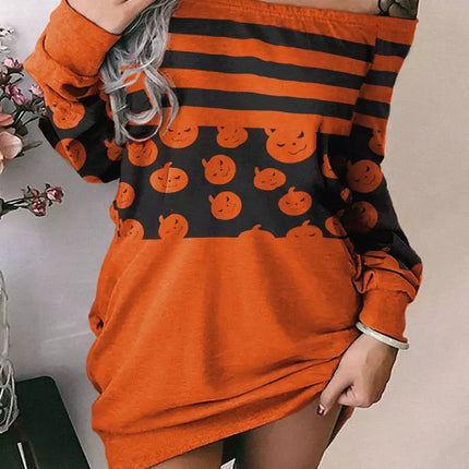 Ladies Fashion Halloween Off Shoulder Printed Casual Dresses